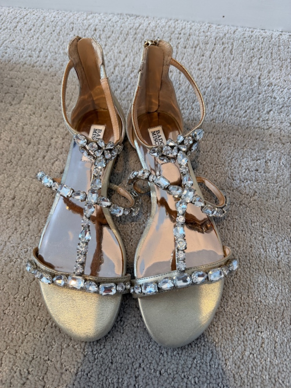 Badgley Mischka Gold Jeweled T-Strap Sandals
